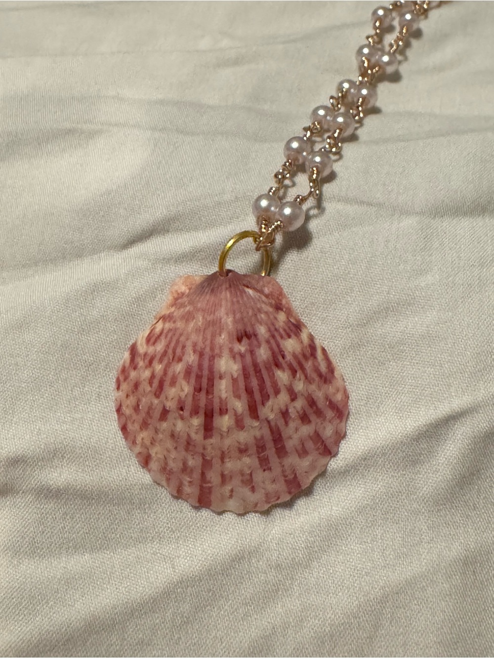 Gold Pearl Chain Necklace with Pink Shell Pendant - Picture 8 of 12